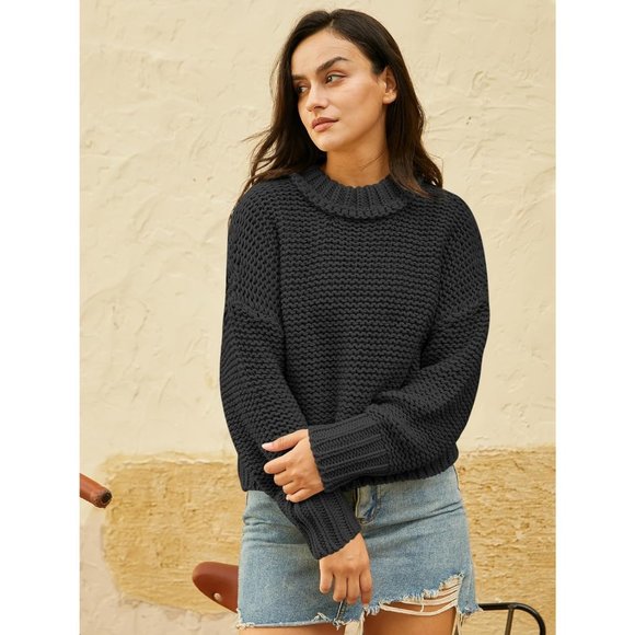 Women's Crewneck Chunky Knit Batwing Long Sleeve Loose Pullover Sweaters Tops - Picture 3 of 6